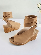 cheap Vacation Sandals-Women&#039;s Khaki Faux Suede Wedge Sandals with Peep-Toe and Wraparound Ankle Straps - Comfortable Summer Shoes for Casual and Beach Wear