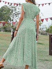 voordelige Casual bloemenjurken-Dames Maxi-jurk Casual jurk Boho chique jurken Bohemen leuke Style Stijlvol Flutter mouw Vakantie Dagelijks Strand Ruim Passend Grafisch Korte mouw V-hals Groen Donkerblauw Zomer Lente