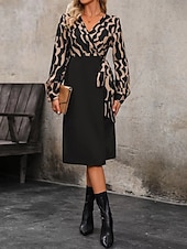 abordables Robes de travail-Femme Robe mi-longue Robe casual Robe Portefeuille Robe Trapèze mode Décontractées Vacances du quotidien Standard Bloc de couleur manche longue Col V Noir Printemps Automne