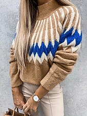 voordelige Grafische patronen en details-Dames Trui Casual Zacht Kleurenblok Geribd Strakke ronde hals Gebreid Lange mouw Normale tops breien Buiten Dagelijks Weekend Rood Groen Herfst Winter