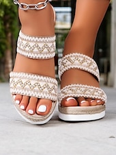 cheap Vacation Sandals-Women&#039;s Bohemian Wedge Sandals – Colorful Embroidered Slip-On Platform Shoes for Summer, Beach, and Casual Wear