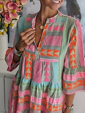 billiga Casual blommiga klänningar-Dam Mini klänning Vardagsklänning Boho-klänning Stylish Ledigt Semester Dagligen Normal Geometrisk 3/4 ärm V-hals Rodnande Rosa Vår Höst