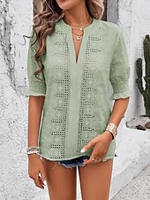 preiswerte Spitzenoberteile-Damen Hemd Bluse Feste Farbe Basic Brautkleider schlicht Halbe Ärmel Gekerbter Hals Normale Oberteile Täglich Bestickt Weiß Rosa Grün Sommer Frühling &amp; Herbst