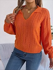 cheap Solid Colors-Women&#039;s Sweater Casual Soft Pure Color Ribbed V Neck Knitted Long Sleeve Regular Tops Knit Outdoor Daily Weekend White Orange Spring Fall