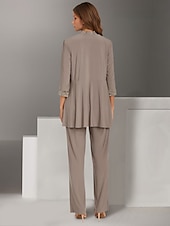 cheap Mom&#039;s Pant Suits-Jumpsuit / Pantsuit Beach Wedding 3 Piece Mother of the Bride  Elegant Jewel Neck Floor Length Chiffon Long Sleeve Wrap Included with Lace Solid Color