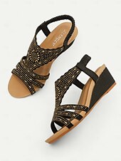cheap Vacation Sandals-Women&#039;s Bohemian Rhinestone Wedge Sandals – Sparkly Elastic Strap Open-Toe Shoes for Summer, Beach, Casual &amp; Evening Wear