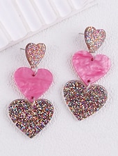 baratos Brinco Feminino-brincos femininos de coração com glitter, design em camadas rosa e branco, joias leves e modernas para o dia dos namorados, festas e presentes