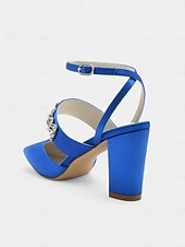 cheap Formal-Women&#039;s Black Satin Pointed Toe Heels – Rhinestone Embellished Ankle Strap Chunky Heels for Evening Parties and Weddings