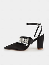 cheap Formal-Women&#039;s Black Satin Pointed Toe Heels – Rhinestone Embellished Ankle Strap Chunky Heels for Evening Parties and Weddings