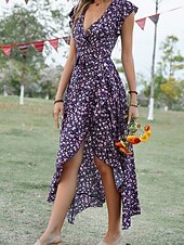 voordelige Casual bloemenjurken-Dames Maxi-jurk Casual jurk Boho chique jurken Bohemen leuke Style Stijlvol Flutter mouw Vakantie Dagelijks Strand Ruim Passend Grafisch Korte mouw V-hals Groen Donkerblauw Zomer Lente
