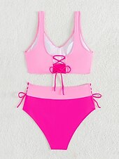 billiga Bikiniset-Dam Badkläder Bikini 2 st Kalsonger Baddräkt Öppen rygg Smal Hög midja Semester Standkläder Ensfärgat V-hals Ärmlös Baddräkter