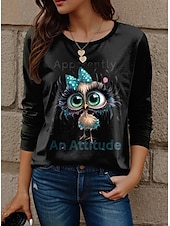 cheap Humor&amp;Quotes tee-Women&#039;s T Shirt Animal Letter Fashion Modern Casual Long Sleeve Crew Neck Regular Tops Daily Weekend Print Black White Yellow Red Sky Blue Fall Winter