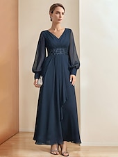 preiswerte Bodenlänge-A-Linien Kleid Mutter der Braut Kleid Elegantes Party V-Ausschnitt Bodenlang Chiffon 3/4 Ärmel mit Perlen