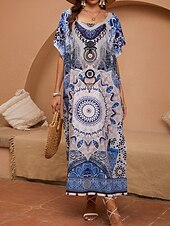 ieftine Rochii Boho-Pentru femei Normal Rochie Maxi Rochie de Vară Rochie Boho Epocă Hawaiană Vacanță Plajă Potrivire Largă Grafic Manșon scurt Stil Nautic Albastru piscină Vară