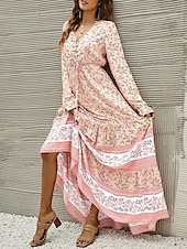 preiswerte Ausgefallene Kleider-Damen Maxidress Casual kleid Schaukelkleid Langärmliges Boho-Kleid A Linie Kleid Böhmen Brautkleider schlicht Urlaub Täglich Regular Fit Blumen Langarm V Ausschnitt Gelb Rosa Blau Frühling Herbst