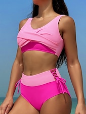 billiga Bikiniset-Dam Badkläder Bikini 2 st Kalsonger Baddräkt Öppen rygg Smal Hög midja Semester Standkläder Ensfärgat V-hals Ärmlös Baddräkter