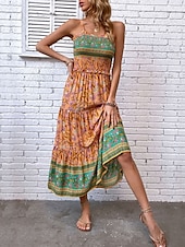 levne Boho šaty-Dámské Maxi šaty Volnočasové šaty Boho Chic šaty Boho šaty Čechy stylové Na běžné nošení Dovolená Denní Plážové Volný Grafika Bez rukávů Do V Oranžová Léto Jaro