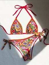tanie Zestawy bikini-Damskie Stroje kąpielowe Bikini 2 szt Bezczelny Kostium kąpielowy Odkryte plecy Szczupła Urlop Stroje plażowe W Tureckie Wzory Kantarka Bez rękawów Kostiumy kąpielowe