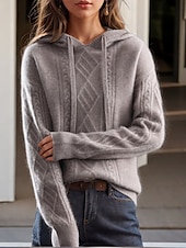 cheap Plain Pullover-Women&#039;s Sweater Casual Soft Pure Color Cable Hooded Knitted Long Sleeve Regular Tops Knit Outdoor Daily Weekend Camel Brown Fall Winter