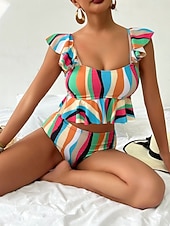billiga Bikiniset-Dam Badkläder Bikini 2 st Kalsonger Baddräkt Volang Öppen rygg Hög midja Smal Semester Standkläder Rand V-hals Ärmlös Baddräkter