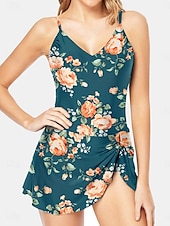billiga Badessor-Dam Badkläder En bit Monokini Längre baddräkt Baddräkt Öppen rygg Magkontroll Hög midja Smal Semester Standkläder Blommig Halterneck Ärmlös Baddräkter