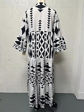 olcso Elegáns virágos ruhák-Női Maxiruha hétköznapi ruha Boho elegáns ruhák Csehország aranyos stílus Stílusos Vakáció Napi Tengerpart Laza öltözet Grafika Rövid ujjú V-alakú Fekete Rubin Medence Nyár Tavasz Ősz