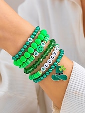 billige Damearmbånd-st. patrick&#039;s day lucky charm armbånd – irsk grønn beaded stretch armbåndsett for kvinner, festlig ferietilbehør med shamrock og bokstavdetaljer