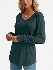 cheap Plain tee-Women&#039;s Shirt Blouse Solid Color Basic Casual Long Sleeve V Neck Regular Tops Daily Ruched Smocked Pink Blue Green Summer Spring