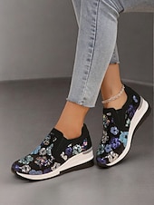levne Dámské tenisky-dámské květinové flitrové slip-on tenisky - pohodlné třpytivé ležérní boty s klínovou podrážkou, ideální na procházky nebo párty