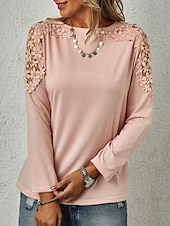abordables Camiseta lisa-Mujer Camisa Blusa Color sólido Básico Casual Manga Larga Cuello Barco Tops regulares Diario Encaje Retazos Rosa Morado Gris Otoño Invierno