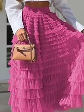 abordables Faldas de gasa-Mujer Falda Línea A Moda Casual Maxi Alta cintura Faldas Color sólido Volante Multi capa Calle Diario Blanco Fucsia Invierno Poliéster