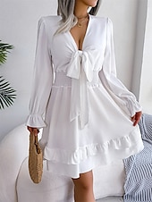 abordables Vestidos casuales blancos-Mujer Mini vestido Vestido informal Vestido de una línea Elegante Estilo lindo Casual Vacaciones Fiesta Diario Ajuste regular Plano Manga Larga Escote en Pico Blanco Rosa Azul Piscina Primavera Otoño