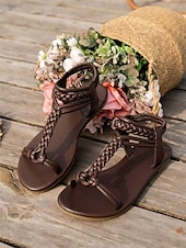 billiga Semester Sandaler-bruna flätade platta sandaler med t-rem för kvinnor med elastiskt ankelband - sommarskor i boho-stil för strand- och fritidskläder