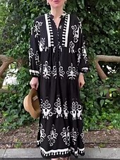 cheap Boho Dress-Women&#039;s Maxi Dress Casual Dress Swing Dress Boho Dress Vintage Ethnic Casual Vacation Daily Regular Fit Floral Long Sleeve Notched Neck Black White Spring Fall