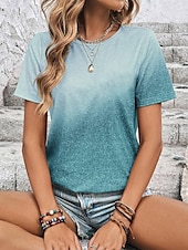 baratos Camiseta de Arte &amp; Design-Mulheres Camiseta Âmbar Casual Manga Curta Decote Redondo Tops regulares Diário Imprimir Azul Verão