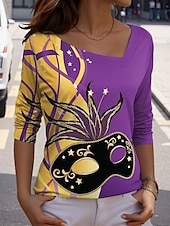 abordables Camiseta de Arte &amp; Diseño-Mardi Gras Mujer Camiseta Graphic Casual Manga Larga Escote en Pico Tops regulares Diario Estampado Morado Primavera Otoño