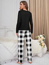 billiga Sovkläder till damer-Dam Pyjamas set Ledigt Komfort Comfrt Tecknat Rutnät / Pläd T-shirt Byxa Hem Långärmad Rund hals Svart Rodnande Rosa Vår Höst Vinter