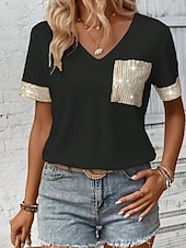 preiswerte Damen Einfache Oberteile-Damen Bluse Feste Farbe Basic Brautkleider schlicht Kurzarm V Ausschnitt Normale Oberteile Täglich Pailletten Patchwork Tasche Schwarz Weiß Sommer Frühling