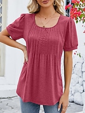 preiswerte Damen Einfache Oberteile-Damen Hemd Bluse Feste Farbe Basic Brautkleider schlicht Kurzarm Rundhalsausschnitt Normale Oberteile Täglich Rüschen Weiß Wein Marineblau Sommer Frühling