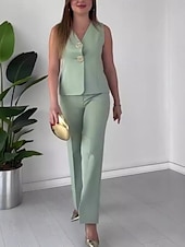 billige Blazere og dresser-Dame Sett Arbeid Knapper Helfarge Pustende OL-stil Normal Yttertøy Ermeløs Sommer Lysegrønn S