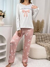 billiga Sovkläder till damer-Dam Pyjamas set Ledigt Komfort Comfrt Hjärta T-shirt Byxa Hem Långärmad Rund hals Rodnande Rosa Vår Höst Vinter