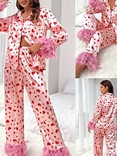 cheap Sleepwear-Women&#039;s Pajama Set Casual Comfort Heart Elastic Waist Shirt Pant Home Valentine&#039;s Day Daily Long Sleeve Shirt Collar Pink Summer Spring Fall Loose Fit