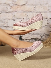 cheap Platform Heels-Women&#039;s Pink Velvet Espadrille Wedge Shoes, Casual Slip-On Platform Flats for Summer and Daily Wear