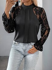cheap Lace Tops-Women&#039;s Shirt Blouse Solid Color Basic Casual Long Sleeve Turtleneck Regular Tops Daily Lace Patchwork Black Summer Spring