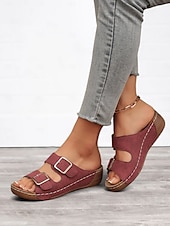 cheap Vacation Sandals-Women&#039;s Dark Blue Double Buckle Slip-On Sandals with Cushioned Sole, Casual Summer Shoes for Beach and Everyday Wear