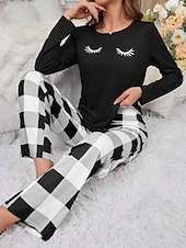 billiga Sovkläder till damer-Dam Pyjamas set Ledigt Komfort Comfrt Tecknat Rutnät / Pläd T-shirt Byxa Hem Långärmad Rund hals Svart Rodnande Rosa Vår Höst Vinter