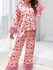cheap Sleepwear-Women&#039;s Pajama Set Casual Comfort Heart Elastic Waist Shirt Pant Home Valentine&#039;s Day Daily Long Sleeve Shirt Collar Pink Summer Spring Fall Loose Fit
