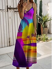 halpa hawaiilaiset mekot-Naisten maxi-mekko rento mekko kesämekko A-linjainen mekko rento virtaviivainen loma rento jokapäiväinen säännöllinen istuvuus lehtikuvio hihaton V-aukko violetti kesä kevät syksy