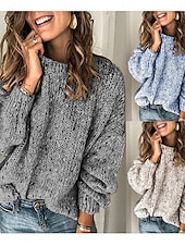 billiga Texturerade Huvtröjor &amp; Sweatshirts-Dam Tröja Ledigt Mjukt Ren färg Ribbad Rund hals Stickat Långärmad Vanliga toppar Sticka Utomhus Dagligen Helgen Blå Ljusgrå Höst Vinter