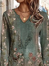tanie T-shirt boho-Damskie Podkoszulek Kwiaty Codzienny Długi rękaw Karbowana szyja Zwykłe topy Urlop Codzienny Nadruk Zielony Wiosna i jesień